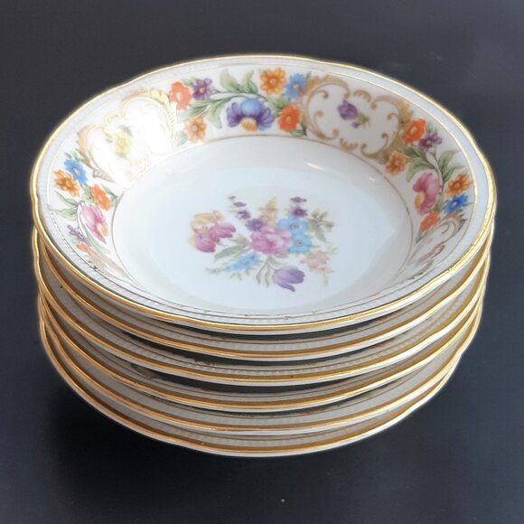 Dresden Flowers Bavaria Germany VTG 1940s Set of 6 Desert Bowls 5 1/8 Diameter - Picture 1 of 14